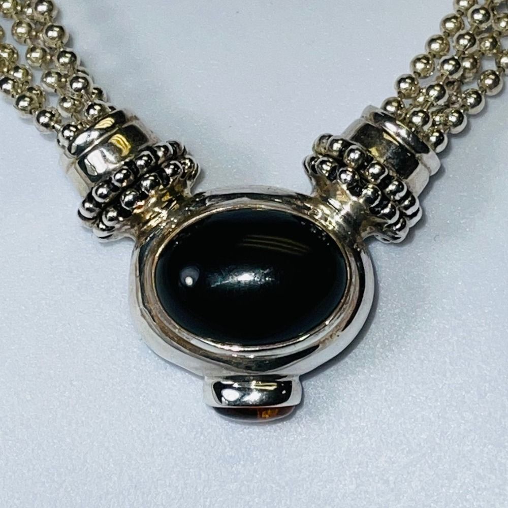 925 Sterling Silver Multi Strands Necklace Onyx & Amber Detachable Pendant - Picture 3 of 10